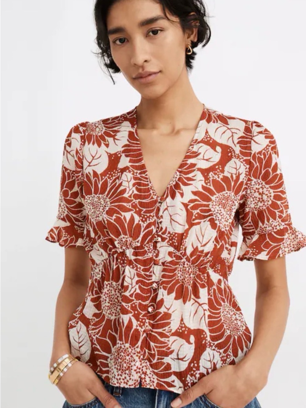 Madewell Silk Journal Keyhole-Sleeve Top in Sunflower Season
